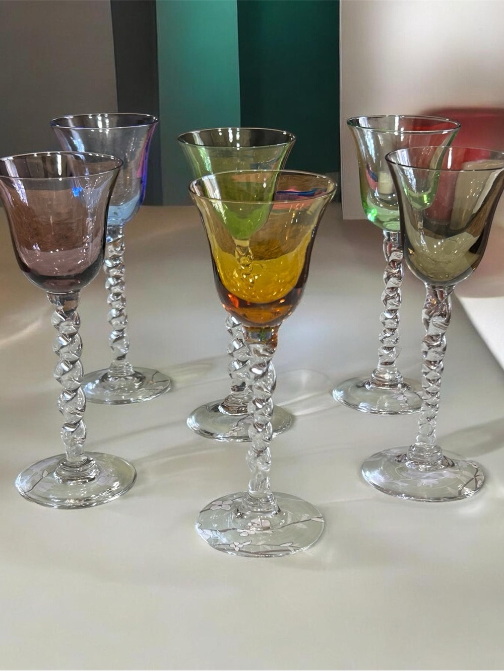 Vintage Murano Style Twisted Stem Wine Glasses Set – Multicolor set of 6